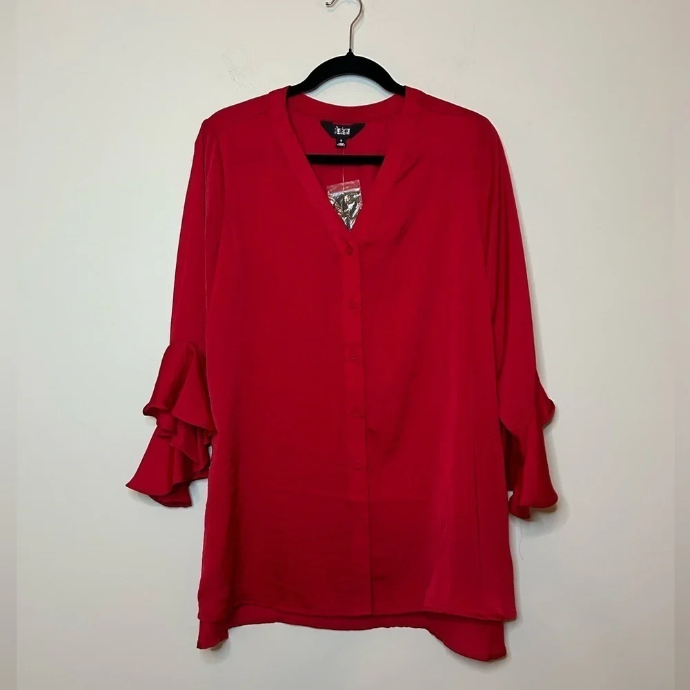Red Ruffle Sleeve Blouse - Picture 2 of 6